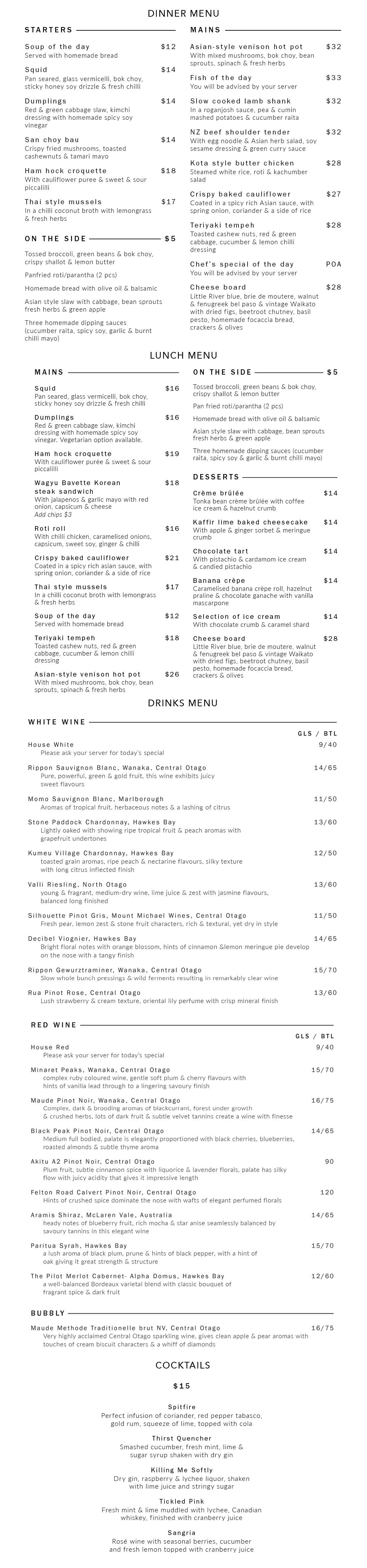 Kota Wanaka Menu